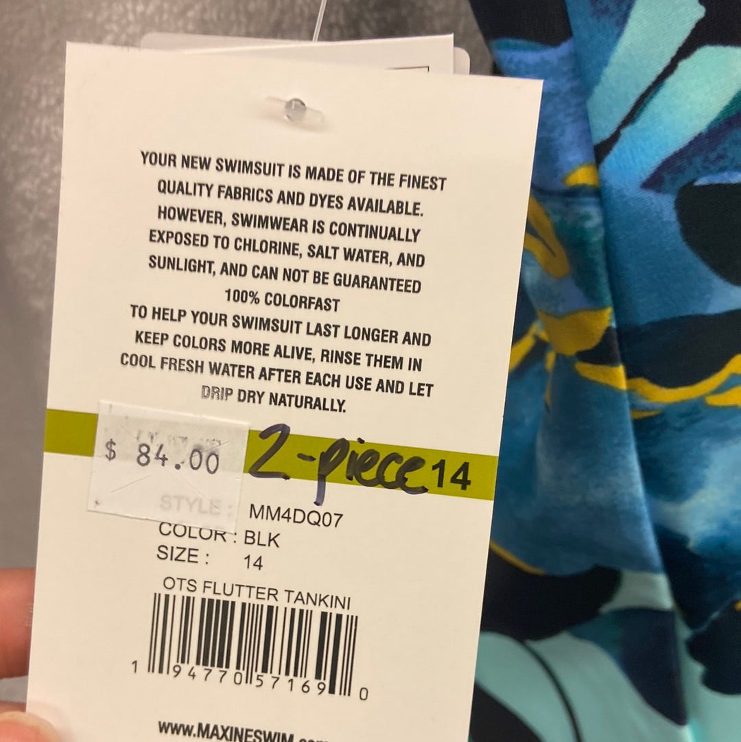 Maxine Moonlit Garden 2 Piece Top - Empire Tankini Black/Blue | Bottom - Hi-Waist Pant W/ Powernet Black Size 22W