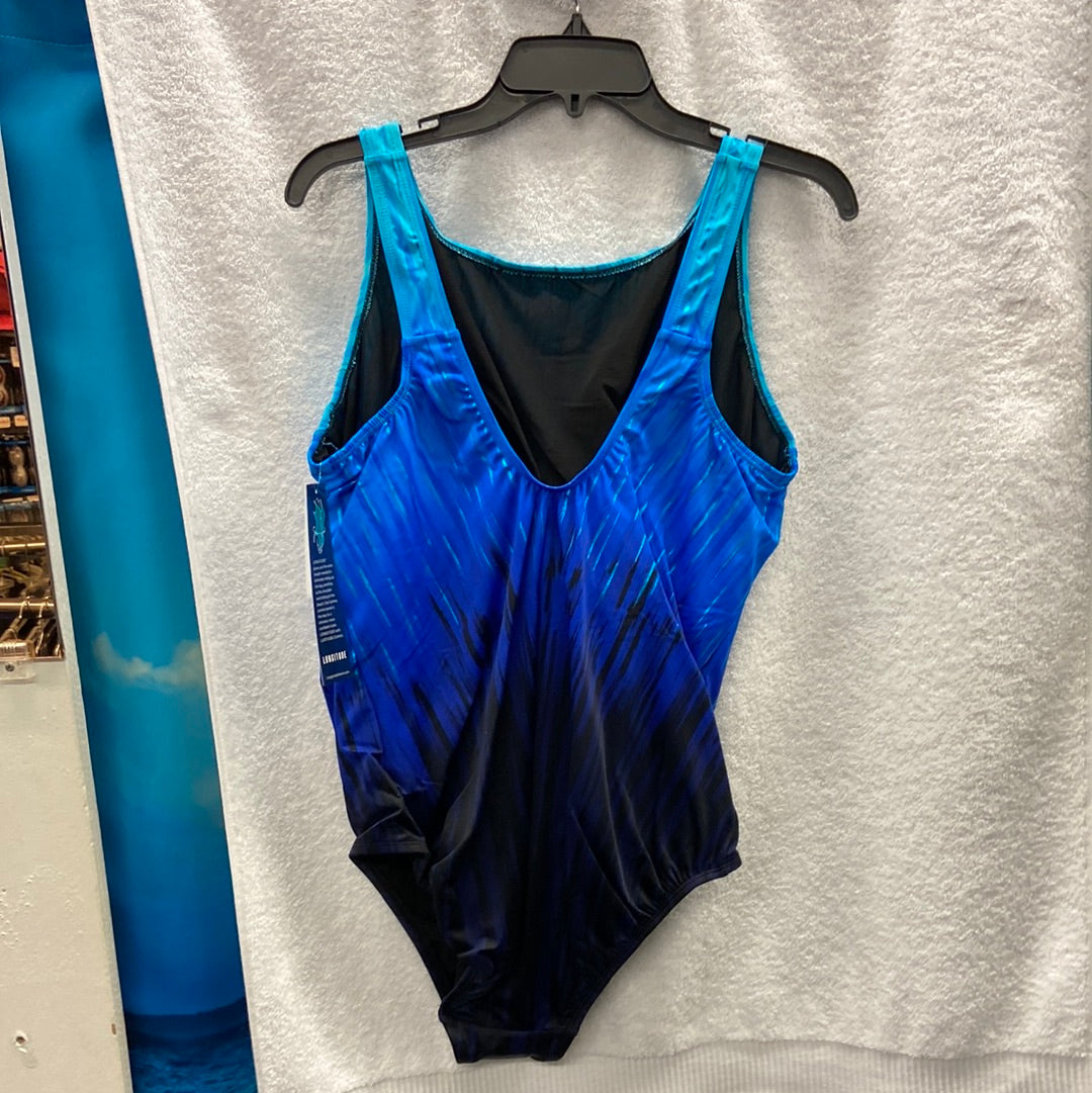 Longitude High Energy Black/Blue Aqua Foil Onepiece Scoopback Highneck Size 20