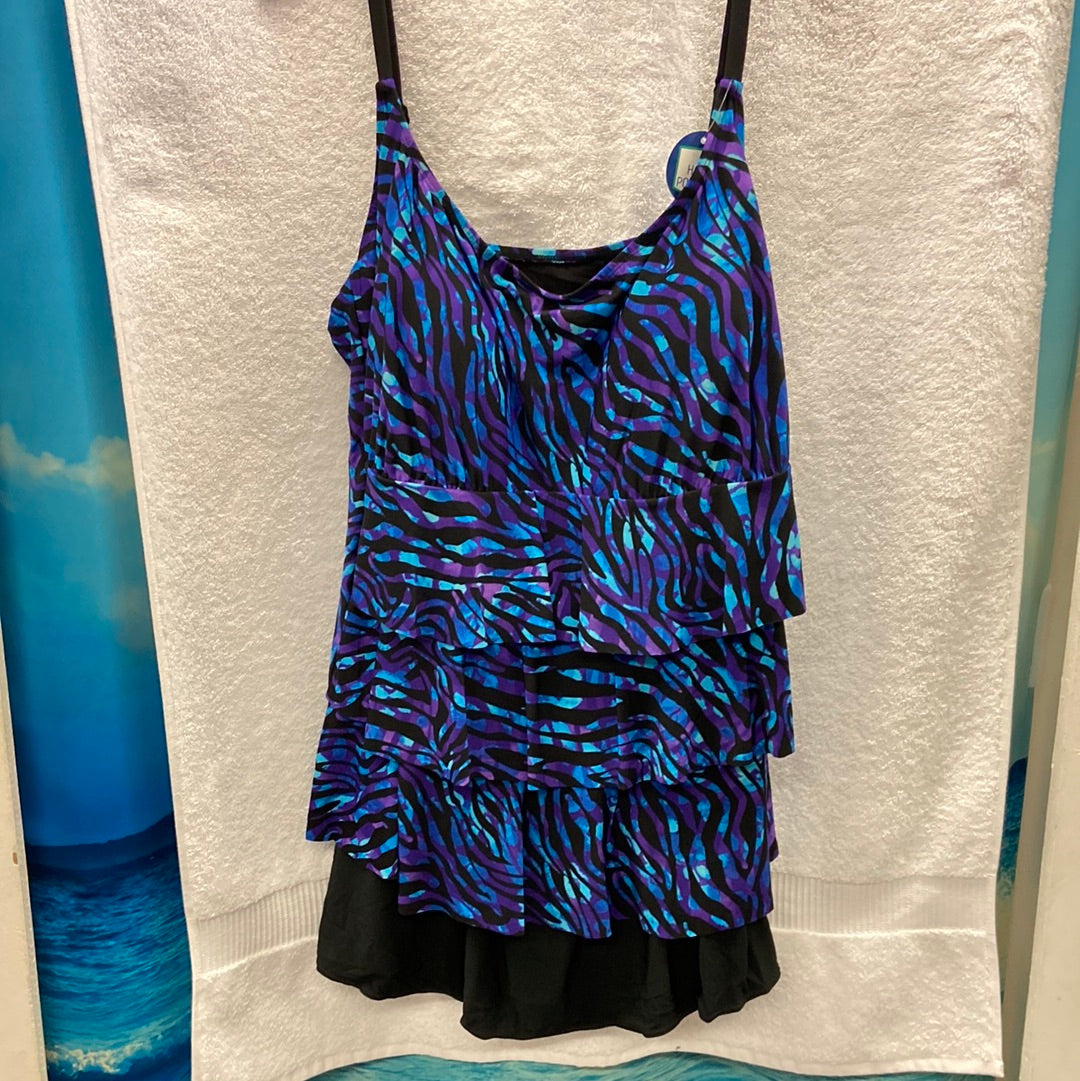 Longitude Painted Safari New Black/Multi Ruffle Faux Skirtini W/ Pockets Size 14