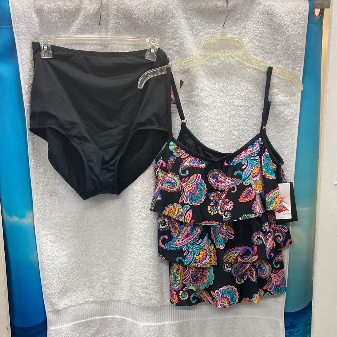 Maxine Paisley Paradise Two Piece Top - Triple Tiered Tankini Black/Multi | Bottom - Hi-Waist Pant W/ Powernet Black Size 14