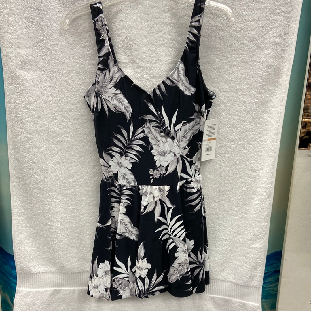 Maxine Tropic Paradise Black Surplice Swimdress Size 14