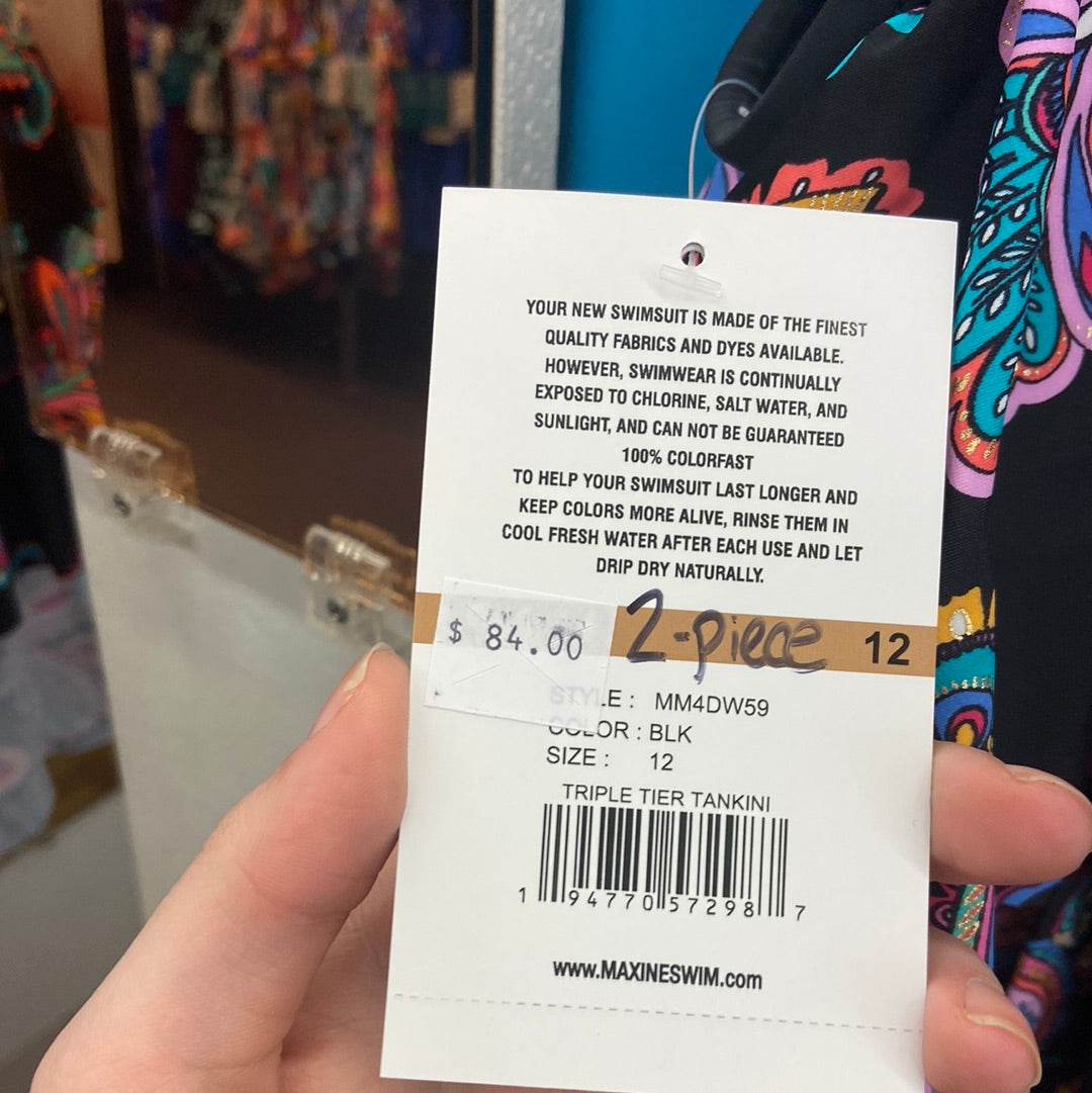 Maxine Paisley Paradise Two Piece Top - Triple Tiered Tankini Black/Multi | Bottom - Wide Band Full Pant W/ Powernet Size 12