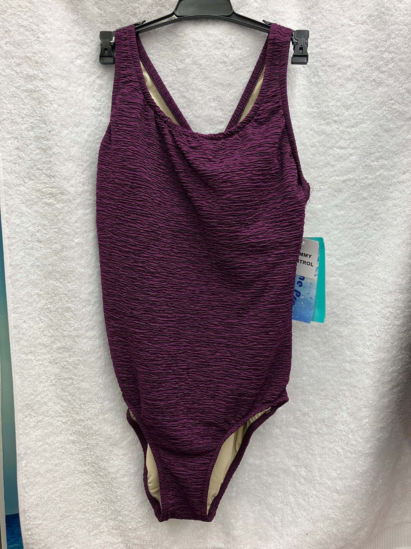Penbrooke Eggplant Purple Krinkle One Piece Cross Back Suit Size 14