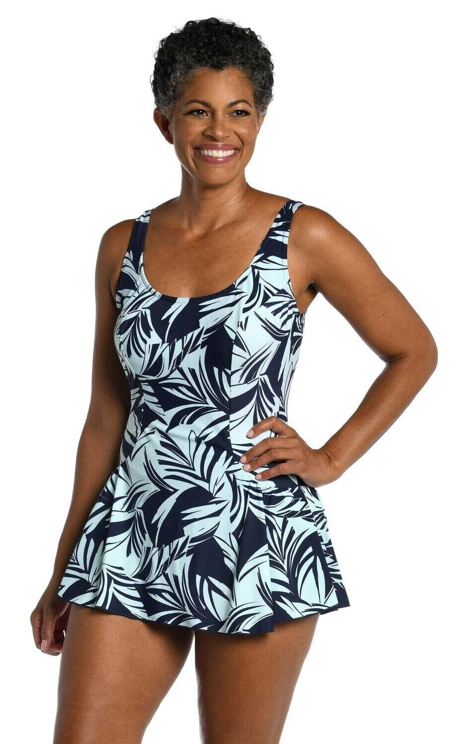 Maxine Indigo Coastal Palm Princess Seam Swim Dress Size 16