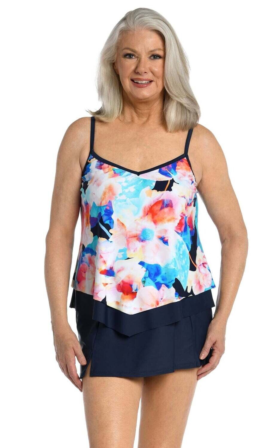 Maxine Multi-Colored Illusion Blossoms Flutter Hem Tankini Size 16