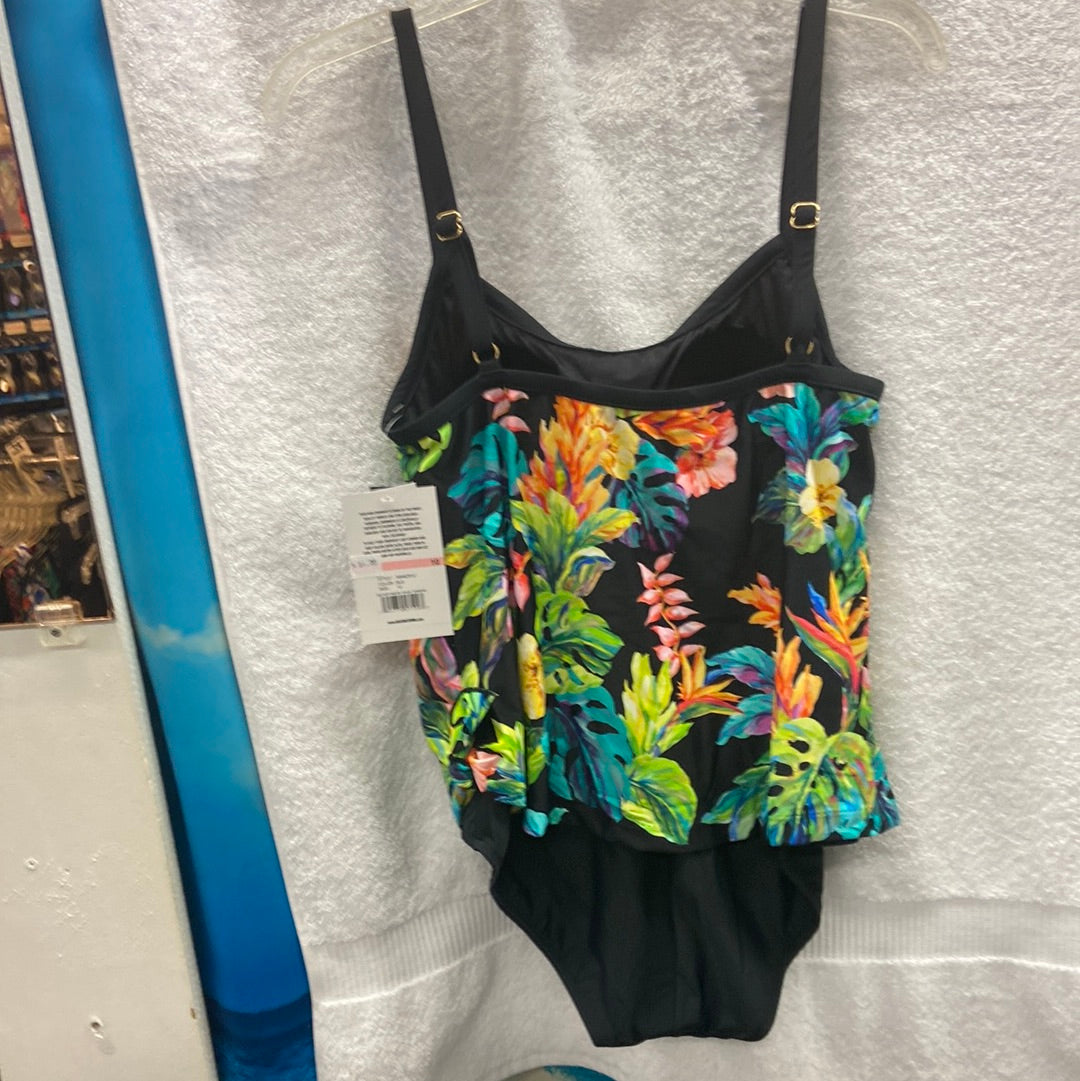 Maxine Oahu Oasis Scoop Neck Faux Tankini Black Onepiece Size 10