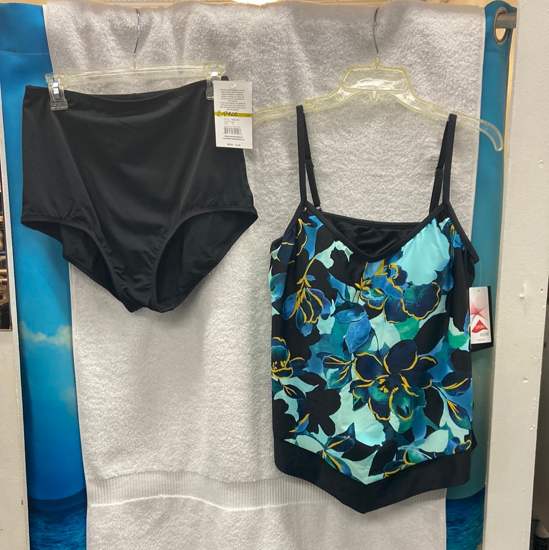 Maxine Moonlit Garden 2 Piece Top - Empire Tankini Black/Blue | Bottom - Hi-Waist Pant W/ Powernet Black Size 16