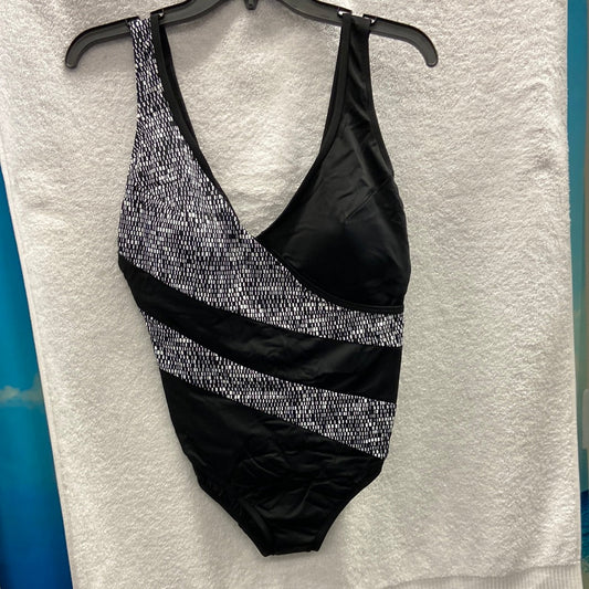 Longitude Madison Square Black/White One piece Faux Surplice Tank Size 18