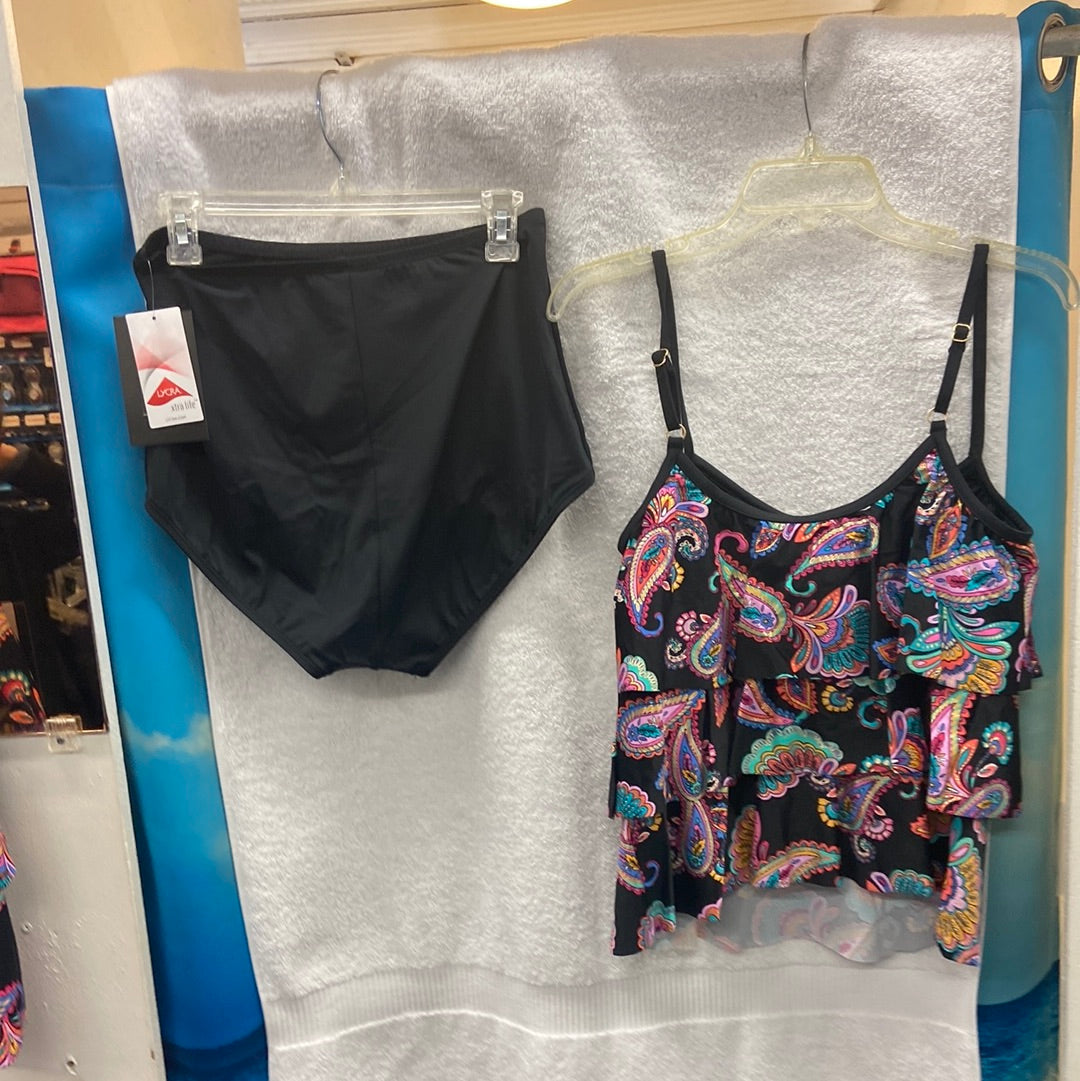 Maxine Paisley Paradise Two Piece Top - Triple Tiered Tankini Black/Multi | Bottom - Hi-Waist Pant W/ Powernet Black Size 18W