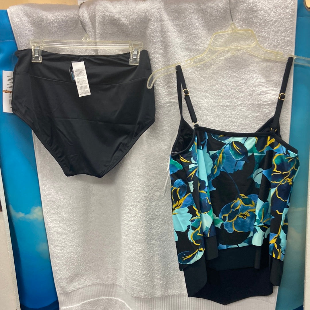 Maxine Moonlit Garden 2 Piece Top - Empire Tankini Black/Blue | Bottom - Wide Band Full Pant W/ Powernet Black Size 12