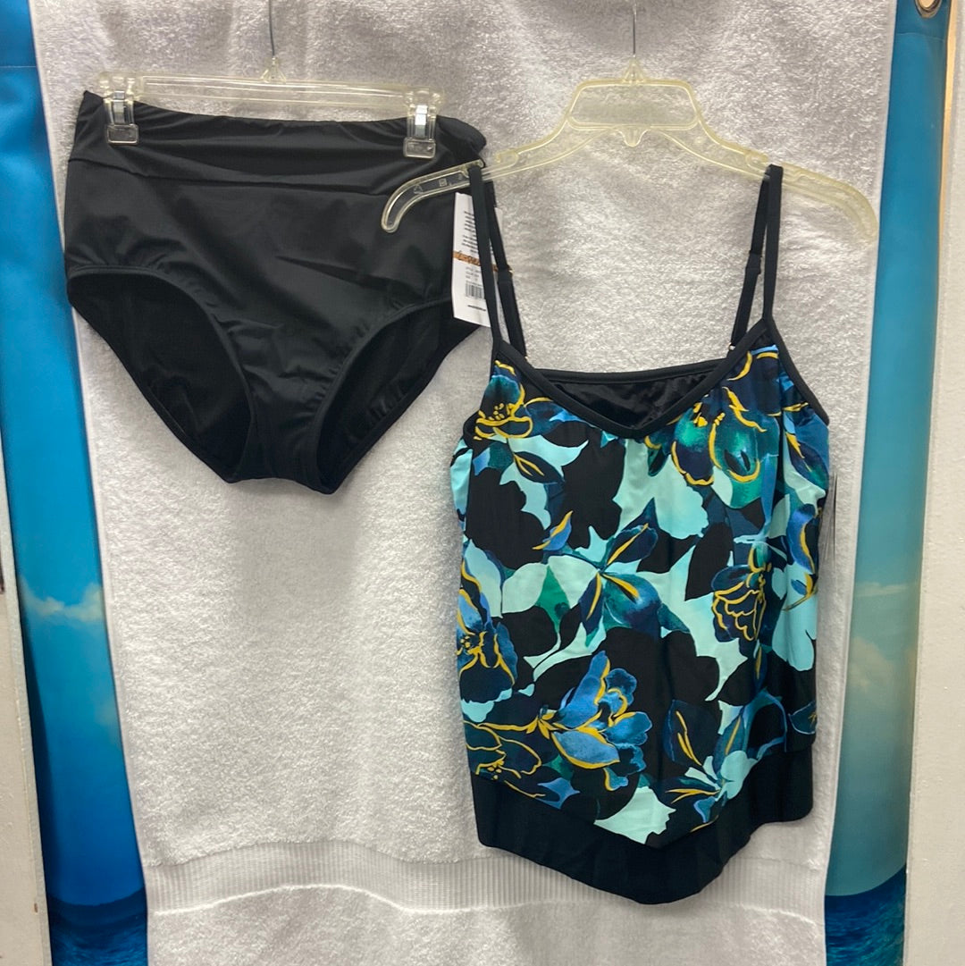 Maxine Moonlit Garden 2 Piece Top - Empire Tankini Black/Blue | Bottom - Wide Band Full Pant W/ Powernet Black Size 12