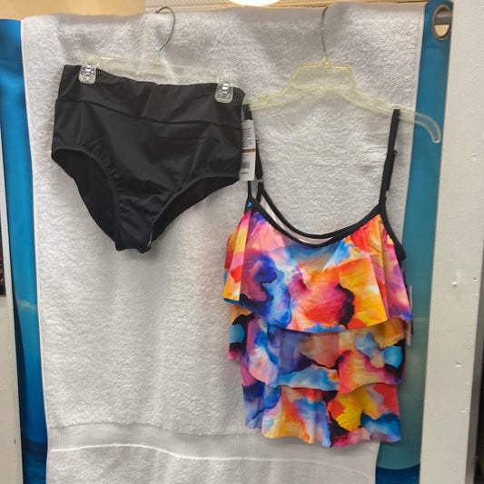 Maxine Watercolor Bliss Two Piece Top - Triple Tiered Tankini Multi | Bottom - Wide Band Full Pant W/ Powernet Black Size 12
