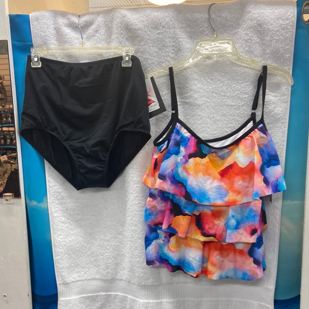 Maxine Watercolor Bliss Two Piece Top - Triple Tiered Tankini Multi | Bottom - Hi-Waist Pant W/ Powernet Black Size 14