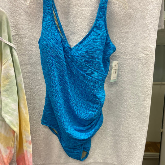 Penbrooke Sea Blue Krinkle One Piece V Neck Scoop Back Suit Size 18W