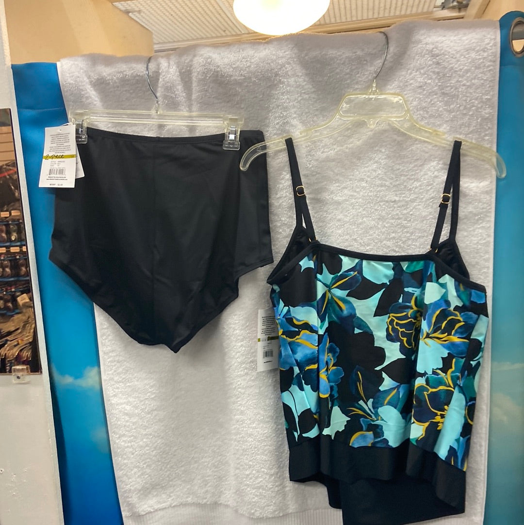 Maxine Moonlit Garden 2 Piece Top - Empire Tankini Black/Blue | Bottom - Hi-Waist Pant W/ Powernet Black Size 16