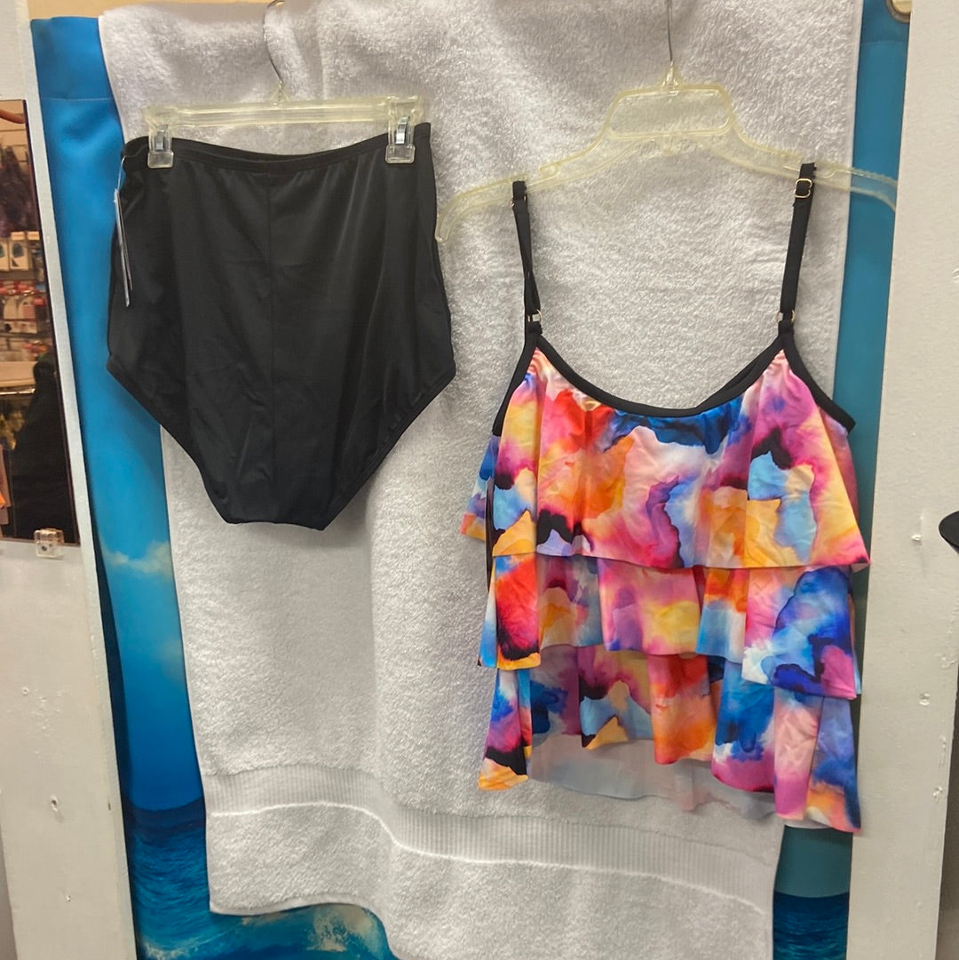 Maxine Watercolor Bliss Two Piece Top - Triple Tiered Tankini Multi | Bottom - Hi-Waist Pant W/ Powernet Black Size 14