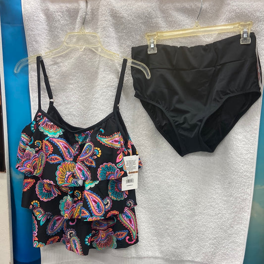 Maxine Paisley Paradise Two Piece Top - Triple Tiered Tankini Black/Multi | Bottom - Wide Band Full Pant W/ Powernet Size 12
