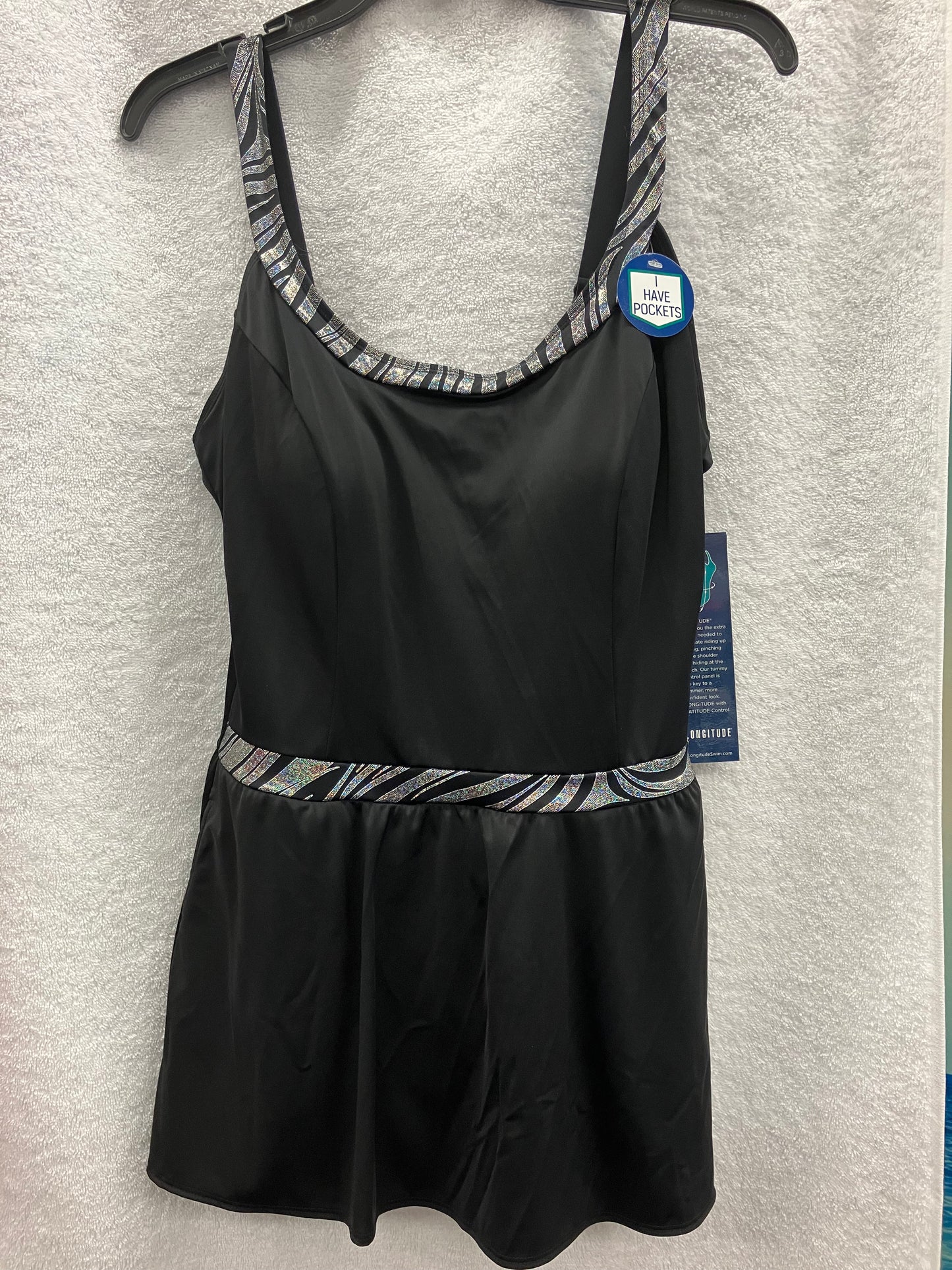 Longitude Black/Silver Full Skirt Swim Suit Size 12