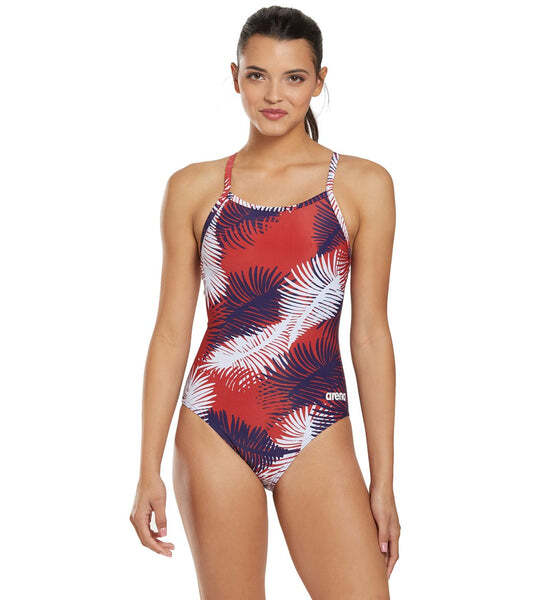 Arena Women's Red/White/Blue Palm Forest Light Drop One Piece Swimsuit Size 32