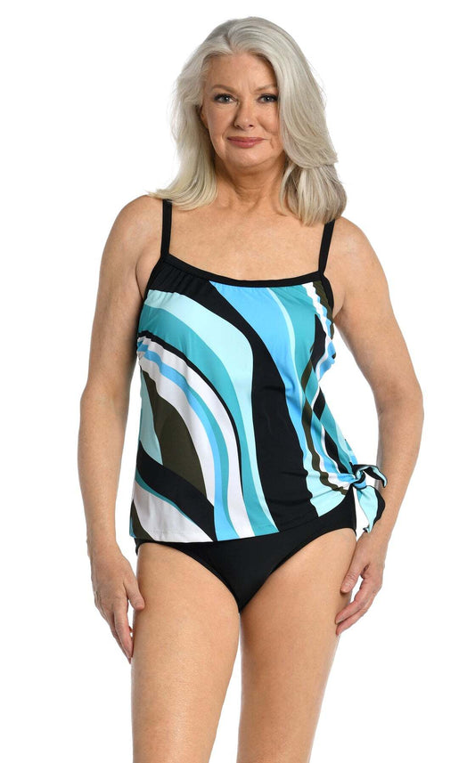 Maxine Multi-Colored Retro Wave Scoop Neck Faux Tankini Size 16