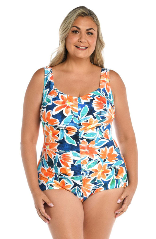 Maxine Multi-Colored Joyful Blooms Shirred Front Girl Leg Plus Size 18W