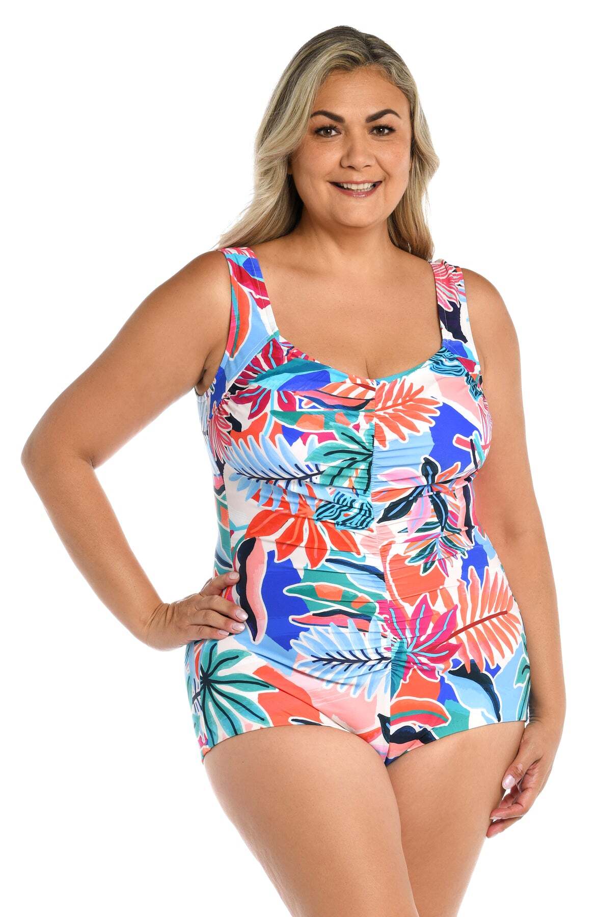 Maxine Multi-Colored Tropical Abstraction Shirred Front Girl Leg Plus Size 18W