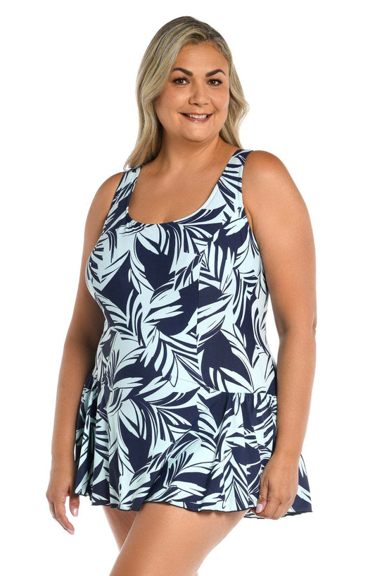 Maxine Indigo Coastal Palm Princess Seam Swim Dress Plus Size 18W